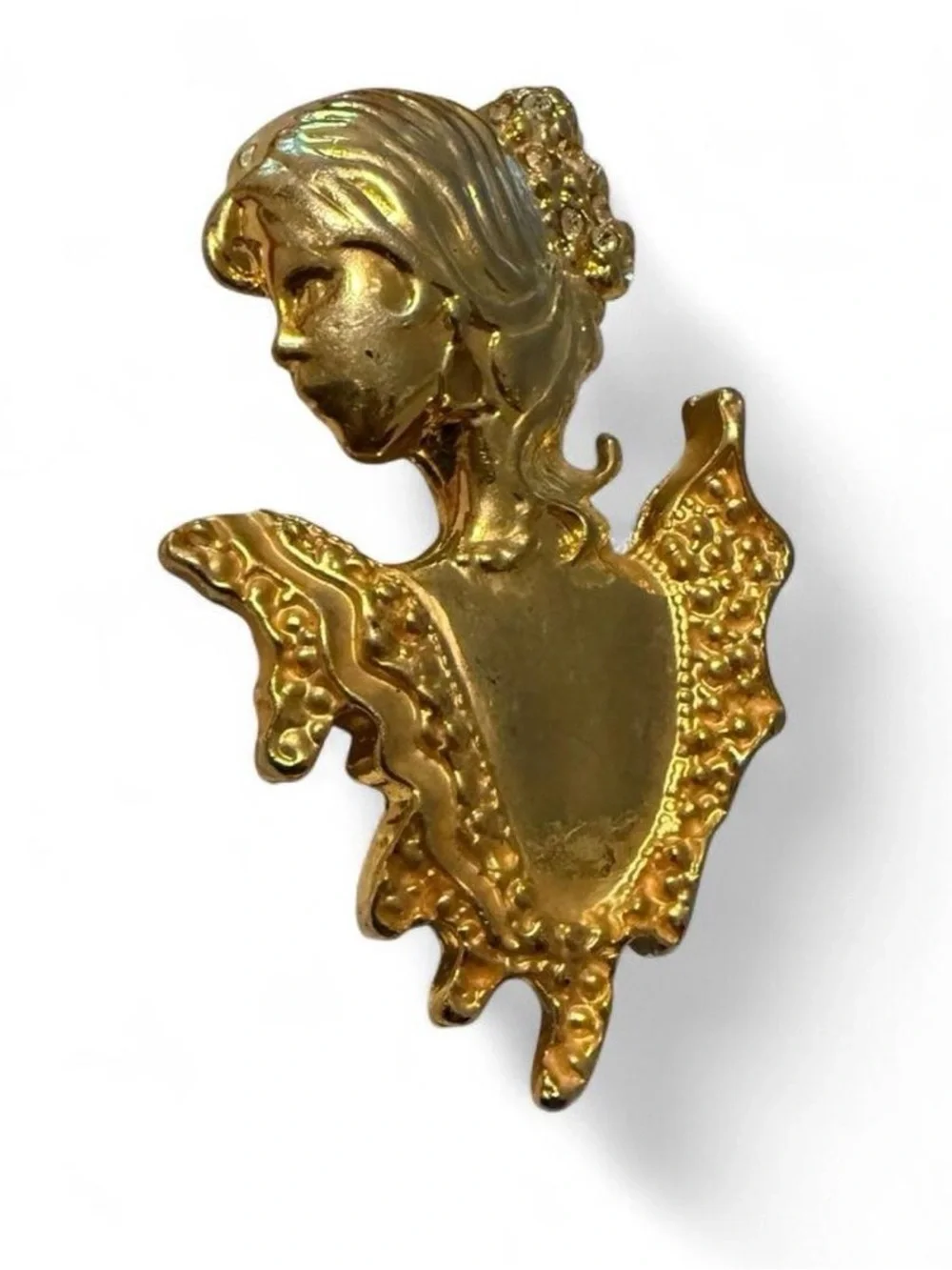 Vtg Gold Tone Victorian Lady Profile Brooch Rhinestone Costume Cameo Pin 80s